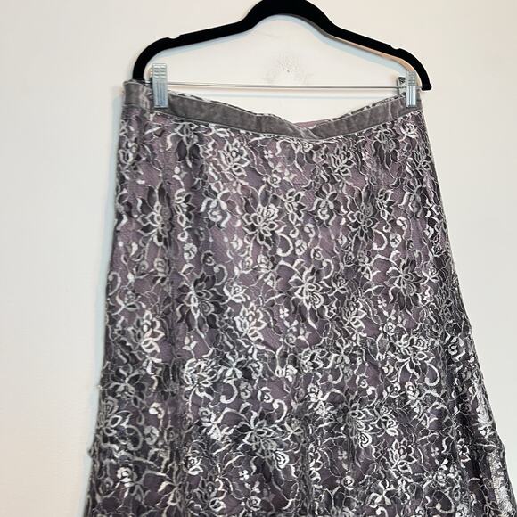 Sigrid Olsen metallic silver lace midi skirt tiered size 12 fairy whiimsygoth - Picture 7 of 9